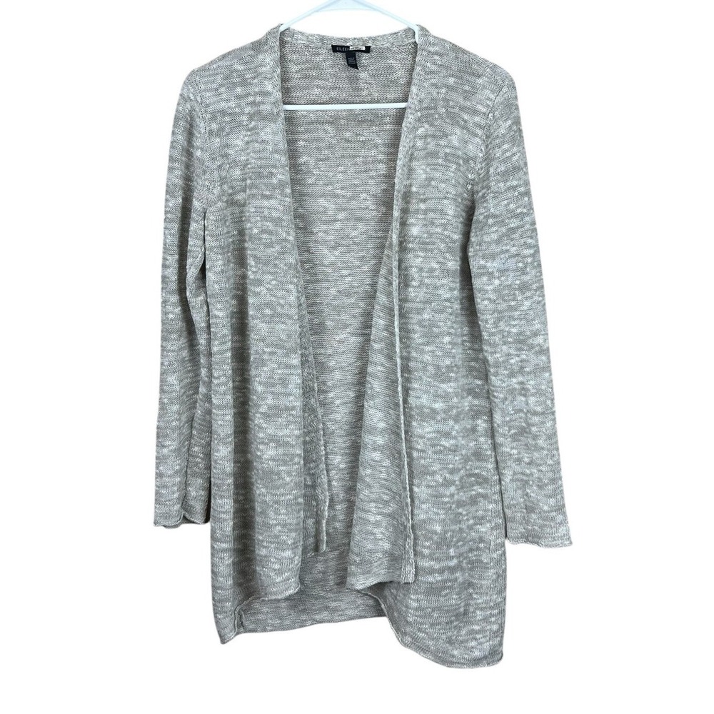 Eileen Fisher Open Knit Cardigan Womens Size Small Beige Linen Cotton Blend